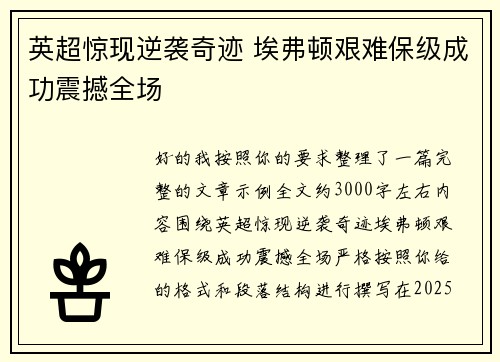 英超惊现逆袭奇迹 埃弗顿艰难保级成功震撼全场
