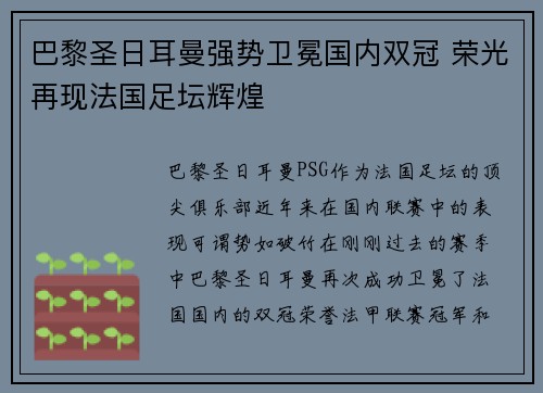 巴黎圣日耳曼强势卫冕国内双冠 荣光再现法国足坛辉煌